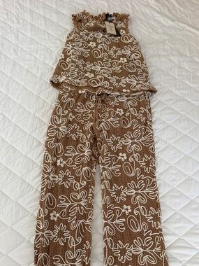 Solitaire Brown Crochet Tank  and Pants with Ivory Floral Trim